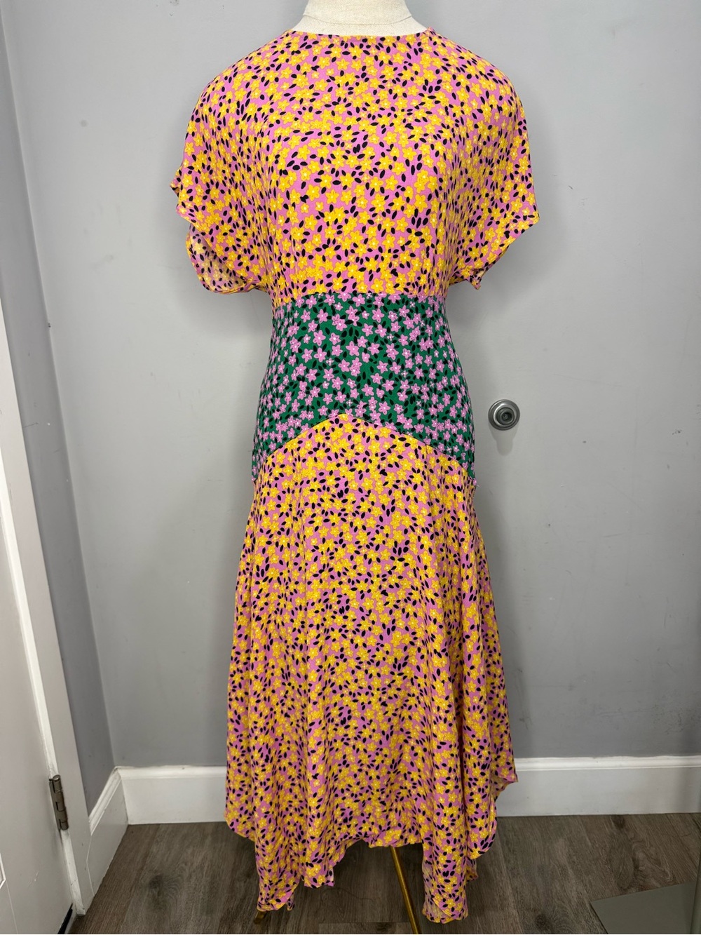 Topshop Yellow Floral Midi Dress with Green Waist Panel